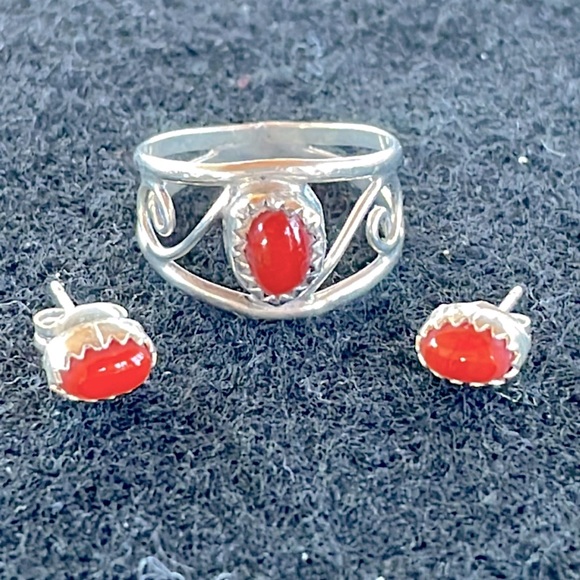 Sterling Coral Ring & Earrings - Picture 1 of 5